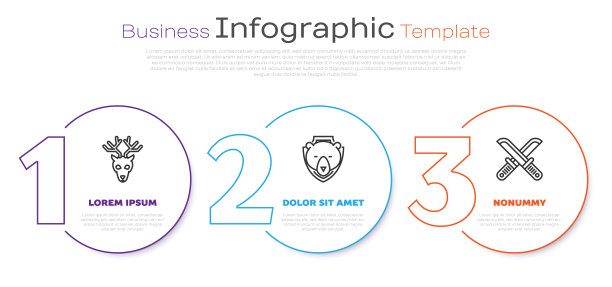 有角的鹿头，盾上的熊头，十字猎刀。业务信息模板。向量图片下载