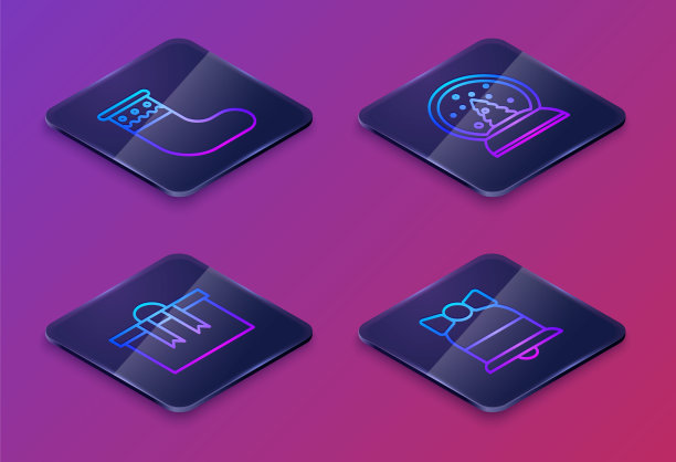 2.5D圣诞袜、礼品盒、圣诞水晶球和圣诞铃铛蓝色方块按钮图标矢量素材图片下载