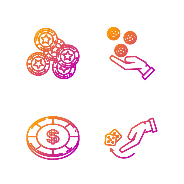 人手掷骰子游戏，赌场筹码与美元符号，赌场筹码和手握赌场筹码。渐变颜色图标。向量图片下载