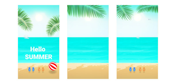 一套向量夏季背景与球，海滩拖鞋，飞机，船，波，太阳，棕榈叶。热带度假概念的社会媒体故事，广告，传单。股票矢量插图。图片下载