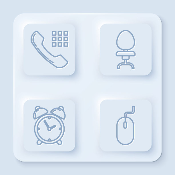 设置电话听筒，办公椅，闹钟和电脑鼠标。白色正方形按钮。向量图片下载