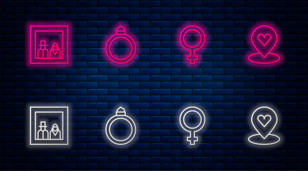套装线钻石订婚戒指，女性性别符号，家庭照片和位置与心。砖墙上发光的霓虹灯图标。向量图片下载