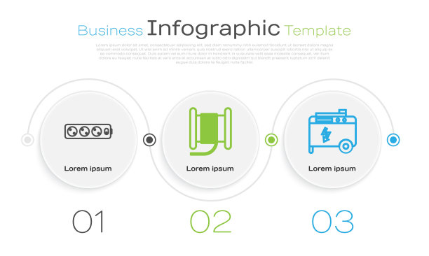 设置电线延长线，电线电缆卷筒或滚筒和便携式发电机。业务信息模板。向量图片下载