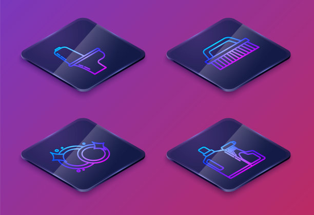 抽水马桶、洗碗、洗碗刷、洗碗液塑料瓶等设置等距线。蓝色方块按钮。向量图片下载