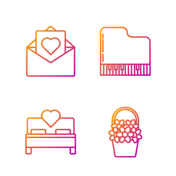 花篮，卧室，情人节心形信封和三角钢琴。渐变颜色图标。向量图片下载