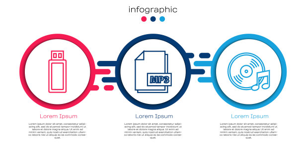 设置线上u盘、MP3文件和黑胶盘。业务信息图模板。向量图片下载
