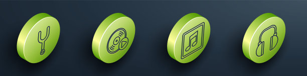 设置等距音乐音叉，黑胶唱片，音乐音符，音调和耳机图标。向量图片下载