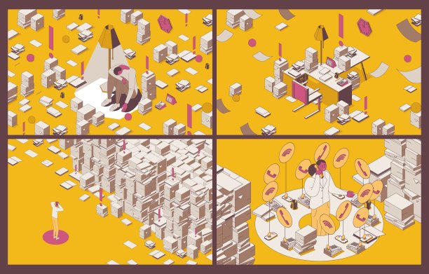 关于文件工作，截止日期和过度工作的概念等距场景。用文件、手机和书籍努力工作的人物轮廓。办公室倦怠的插图收藏图片下载