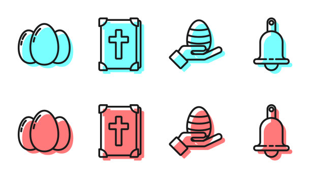设定线人的手和复活节彩蛋，复活节彩蛋，圣经书和摇铃图标。向量图片下载