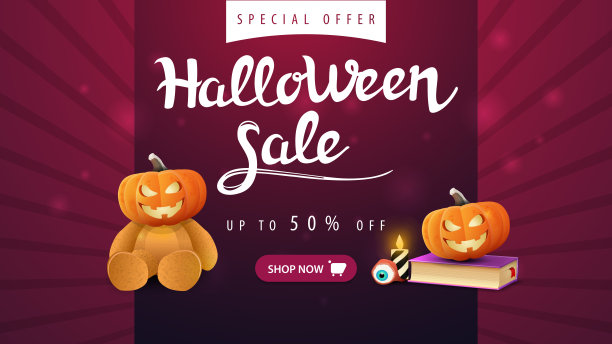 万圣节促销，紫色横横幅与50%优惠，泰迪熊与杰克南瓜头，咒语书和南瓜杰克图片下载