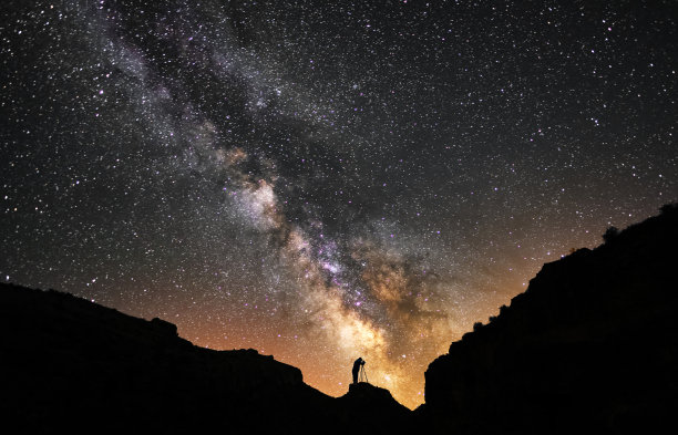 美丽的星夜，摄影师站在山上拍摄银河系的剪影。天文photgraphy。图片下载