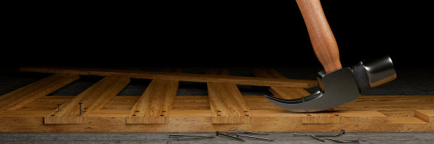 锤头木制的金属手柄。用锤子把钉子敲进胶合板里。直钉、直钉、木工、修理、装饰。三维渲染图片下载