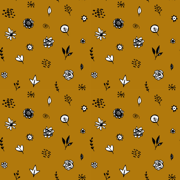 无缝图案，花朵，叶子，抽象涂鸦，手绘线条，斯堪的纳维亚风格，白色，黑色，棕色背景。可用于礼品包装面料的壁纸。向量图片下载