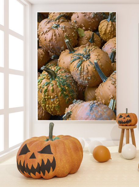 3D插画的客厅万圣节装饰。南瓜和气球。三维渲染图片下载