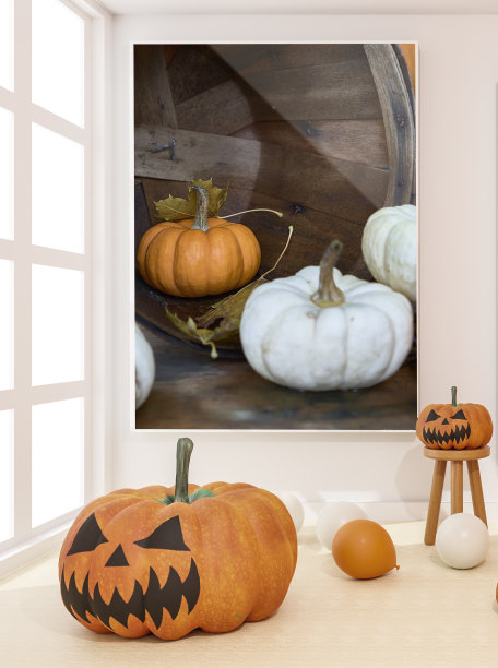 3D插画的客厅万圣节装饰。南瓜和气球。三维渲染图片下载