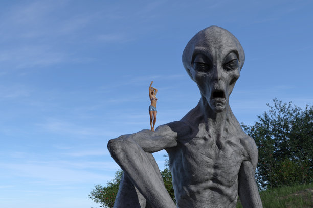 打呵欠的外星人和站在外星人手臂上打呵欠的小女人插画图片下载