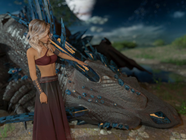 一个女人摸着睡着的龙的插图图片下载