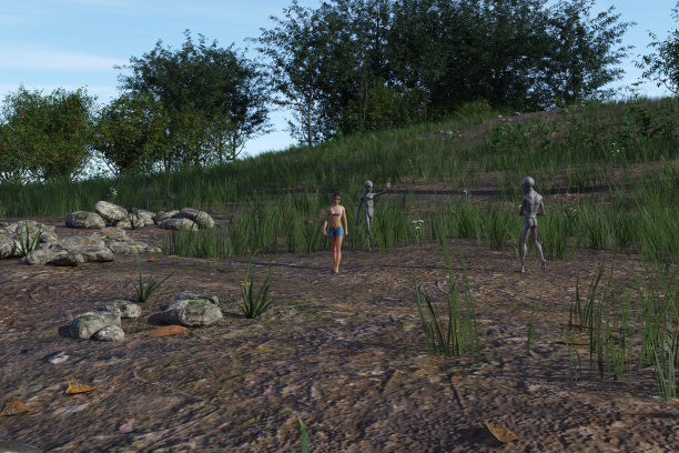 两个外星人和一个女人在高高的草丛中行走的插图图片下载