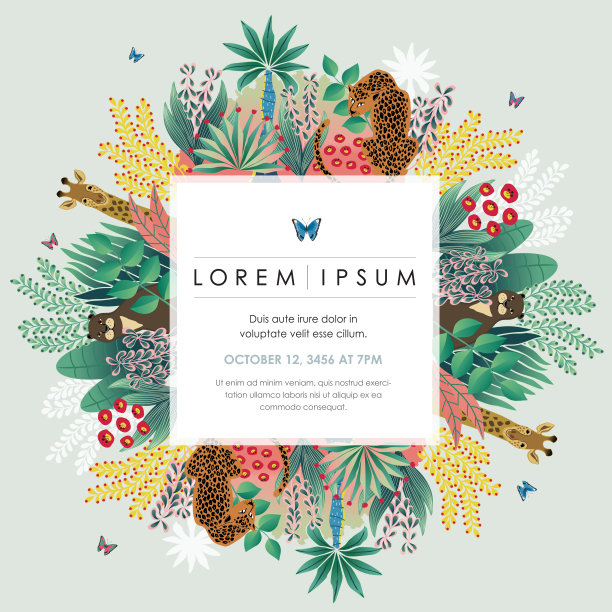 矢量插图框架的异国情调丛林与热带花卉和动物。图片下载