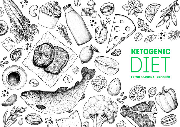 生酮饮食示意图。食物的例子。手绘矢量插图。有机食品饮食。很好的食物说明。设计元素。手绘草图。各种食物架。有机食品店概念。图片下载