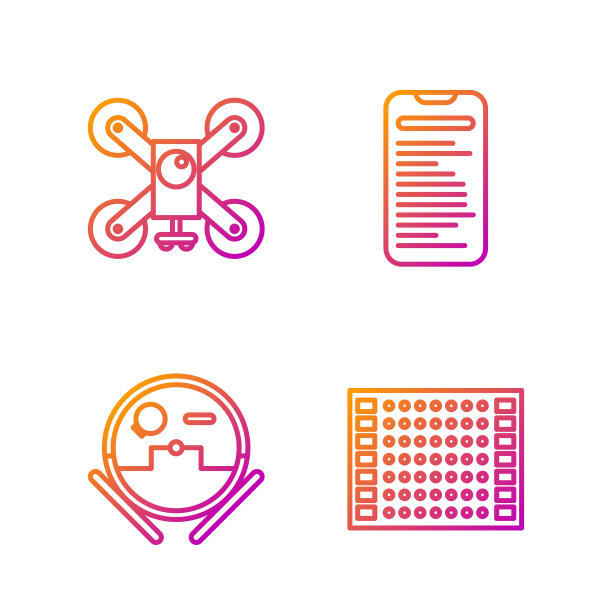 设置线路板PCB，机器人吸尘器，无人机飞行与行动摄像头和计算机api接口。渐变颜色图标。向量图片下载