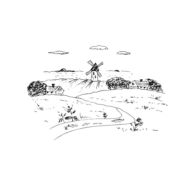 乡村景色，田野和风车。草图。矢量插图。图片下载
