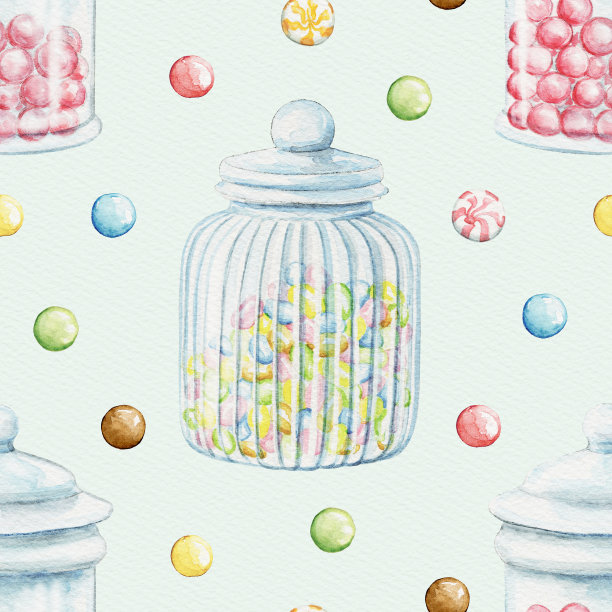 水彩无缝模式与糖果玻璃罐与彩色糖果在绿色的背景图片下载