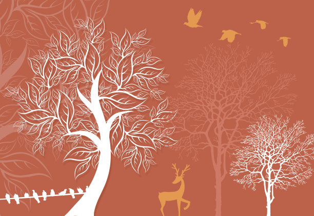 中国3D壁画墙纸与浅平简单的山背景。树和彩色的树枝。鸟和树。森林里有花和鹿图片下载