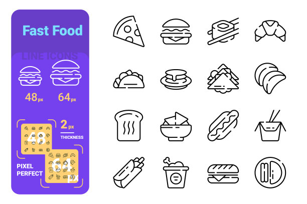 快速不健康的食品线性图标集图片下载