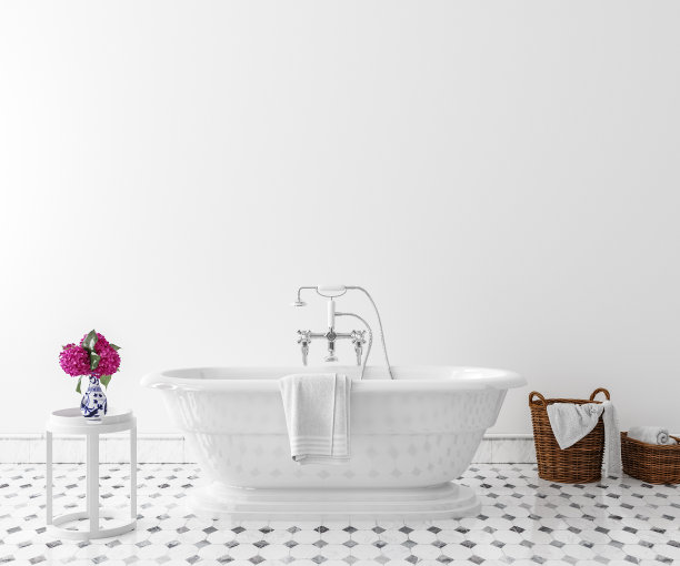 白色舒适的浴室内部背景，墙壁模型素材图片