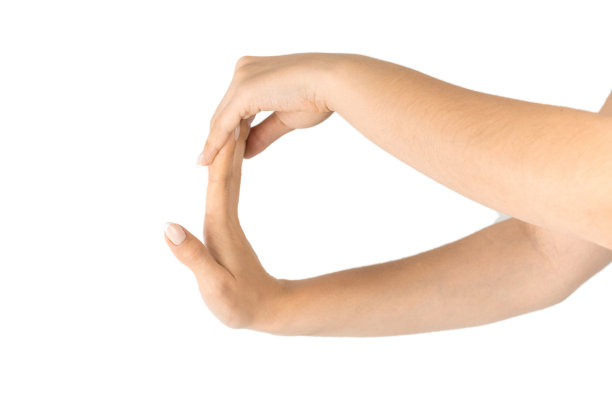 伸展手臂。健康锻炼锻炼。女性手部按摩对腕管综合征的保护。女性手指运动，伸展疗法疼痛手腕保护孤立在白色背景。图片下载