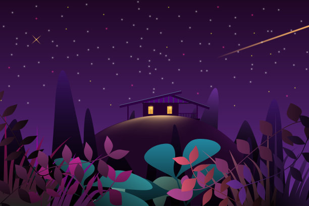 山上的小房子或小木屋的窗户发出的光在森林的黑暗中闪耀着。图片下载