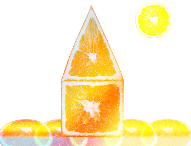 橙色的房子和太阳的形状。正方形和三角形。转基因水果。有创意的照片的想法。素食主义的概念。图片下载