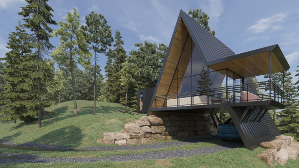 带阳台的山坡别墅，在自然日光下图片下载