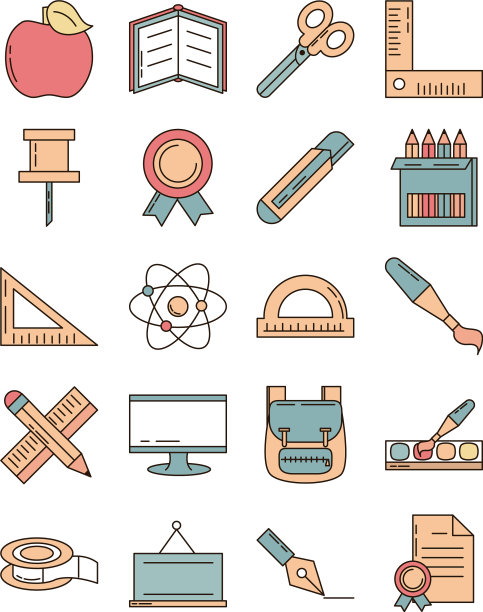 学校教育学习用品文具图标集图片下载
