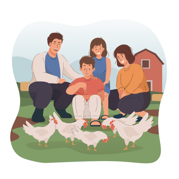 父母和他们的孩子在农场喂鸡图片下载