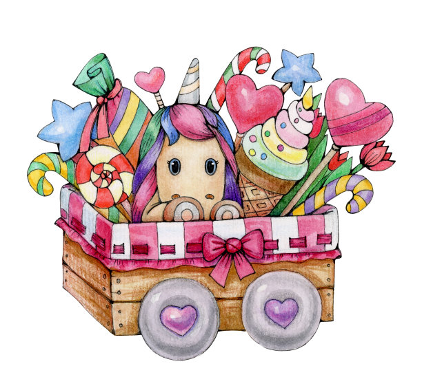 可爱的独角兽与糖果盒，孤立在白色。图片下载
