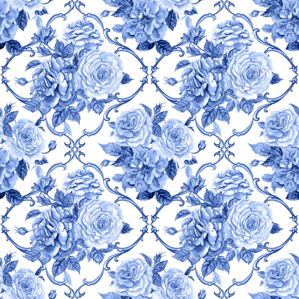 无缝图案的玫瑰花束和巴洛克模式在蓝色调图片下载