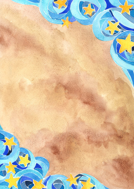 水波和黄色星星与棕色背景水彩手绘装饰童话概念和圣诞晚会。图片下载