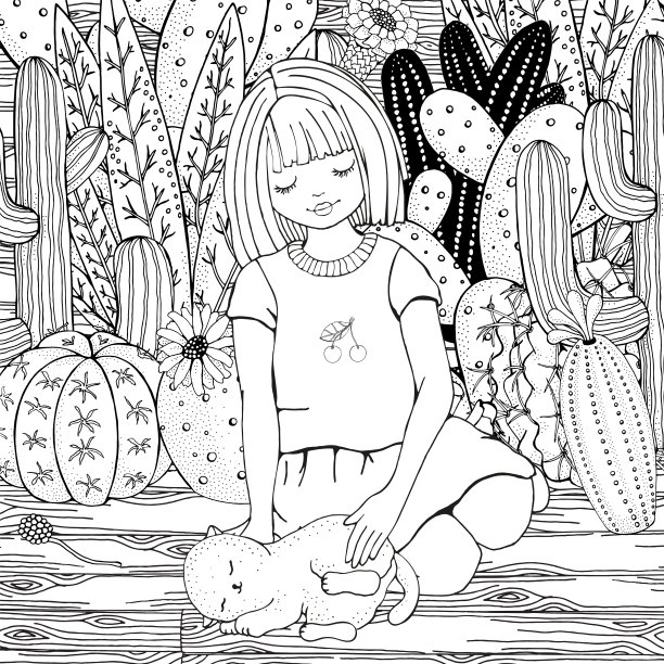 可爱的小女孩和猫。仙人掌的背景。仙人掌。涂色书页为成人和儿童。黑白矢量。图片下载