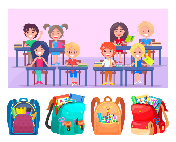 小学生快乐坐在书桌前，书包图片下载