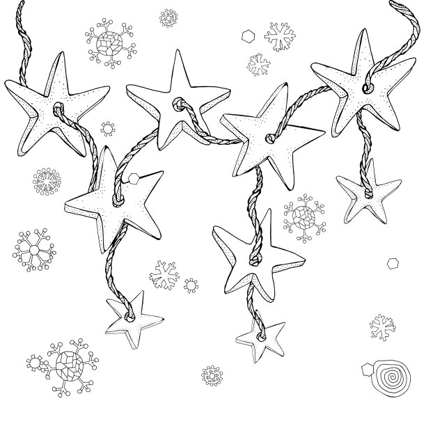 圣诞香料盐面团装饰品。星星和雪花。成人涂色书页。手绘矢量插图。黑色和白色。图片下载
