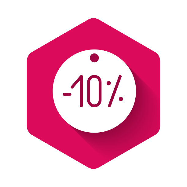 白色百分之十折扣标签图标孤立与长阴影。购物标记符号。特别优惠的迹象。折扣券的象征。粉红色的六角按钮。矢量图图片下载