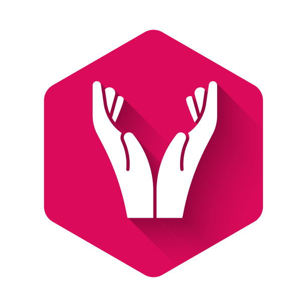 白色的手在祈祷位置图标孤立与长影子。带着信心和希望向上帝祈祷。粉红色的六角按钮。矢量图图片下载