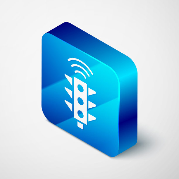 等距智能交通灯系统图标孤立在灰色背景。物联网概念与无线连接。蓝色方块按钮。向量图片下载