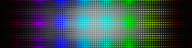 3d渲染:抽象彩虹背景透过黑色穿孔板。装饰图案的效果。横幅尺寸图片下载