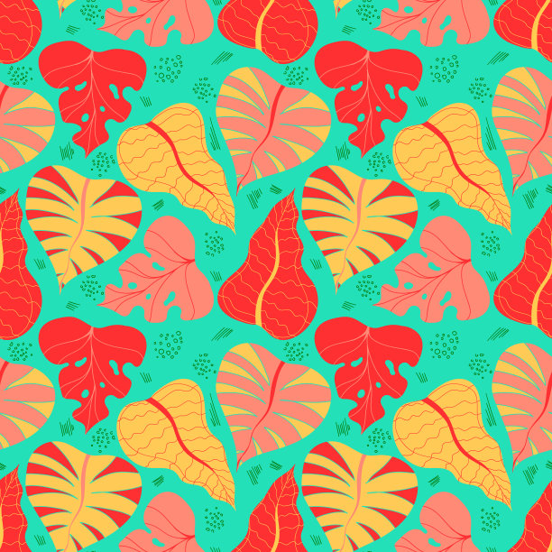 热带多彩的叶子无缝图案孤立在明亮的绿色背景上。图片下载
