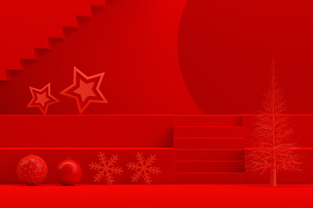 圣诞新年概念，红色背景，楼梯站讲台图片下载