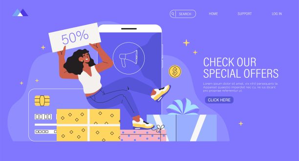 特别优惠或大的季节性销售，折扣概念的旗帜，传单，网页或着陆页。女孩拿着优惠券。图片下载