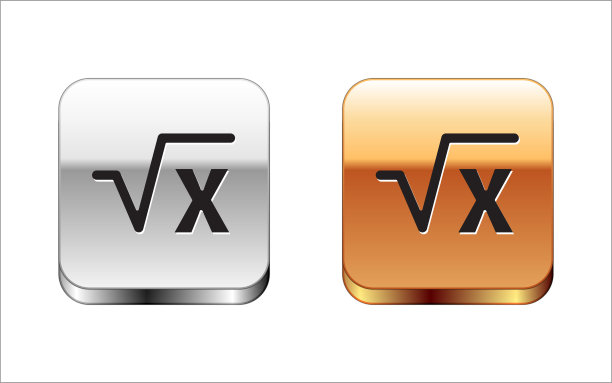 黑色根x字形图标孤立在白色背景。数学表达式。金银平方按钮。向量图片下载